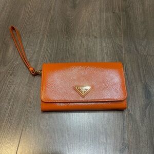 Prada Orange Leather Wristlet Clutch